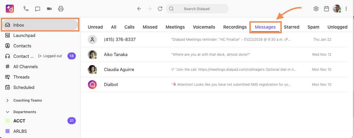 Messages tab in the app inbox
