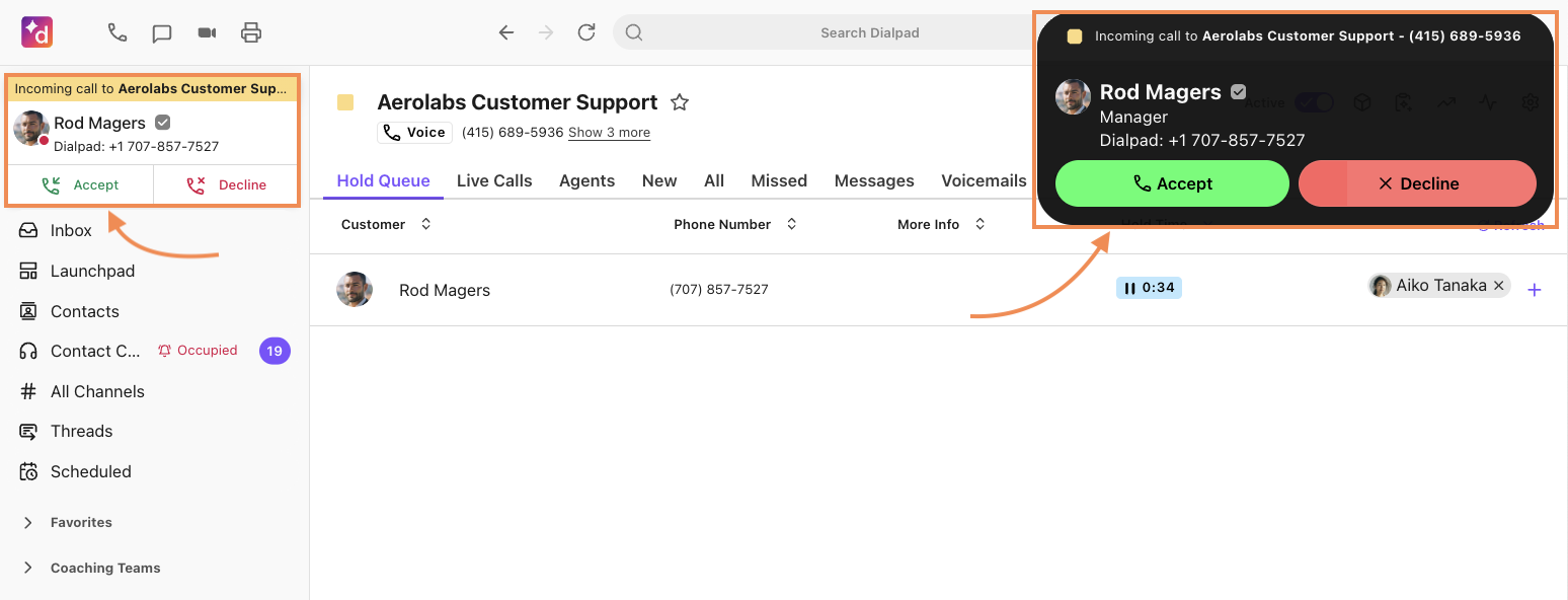 Incoming call to a contact center