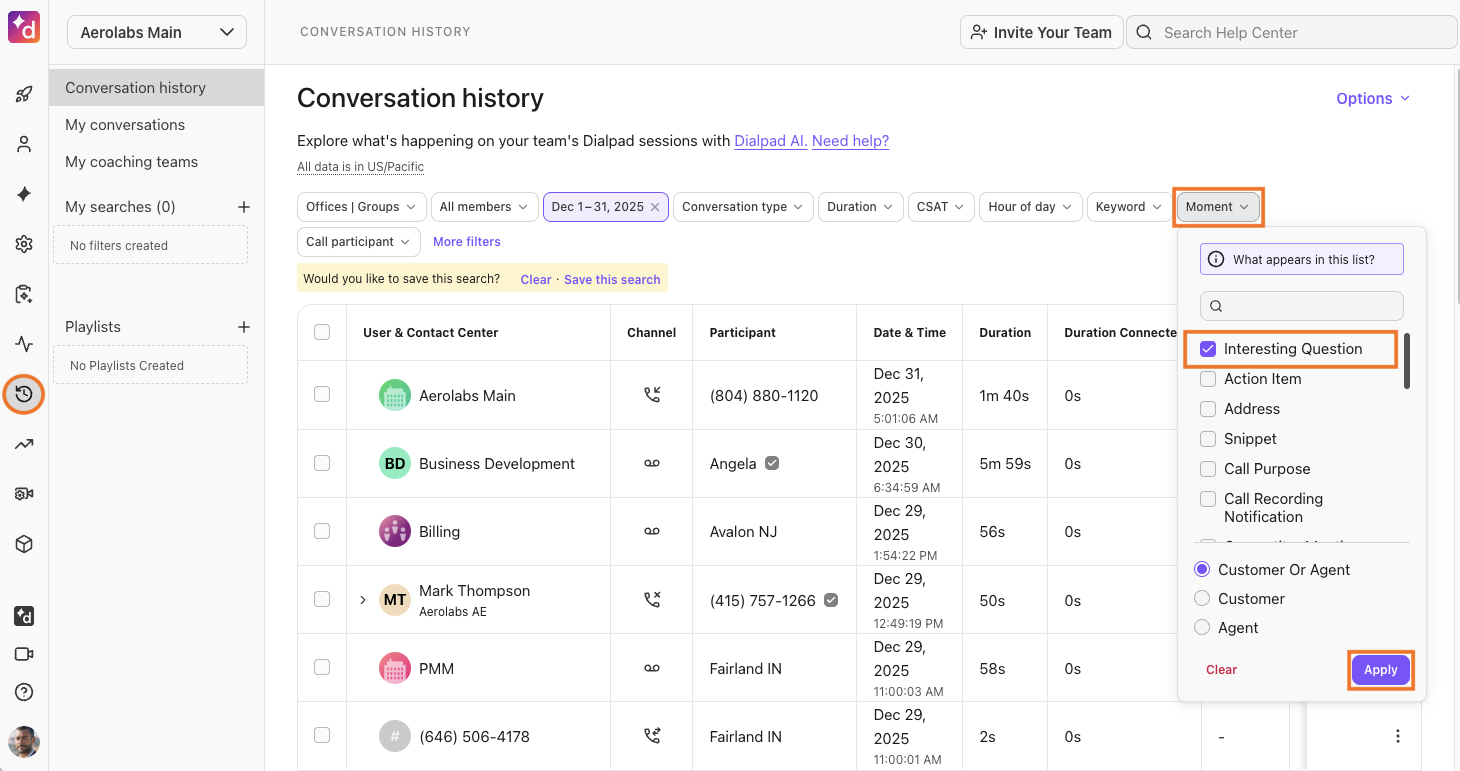 Filtering by Interesting question in Conversation History