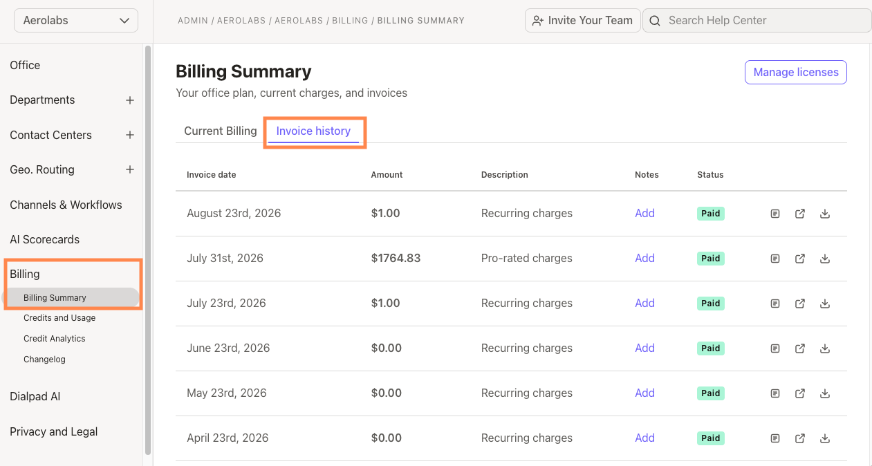 Billing summary showing invoice history, amounts, and payment statuses for various dates.