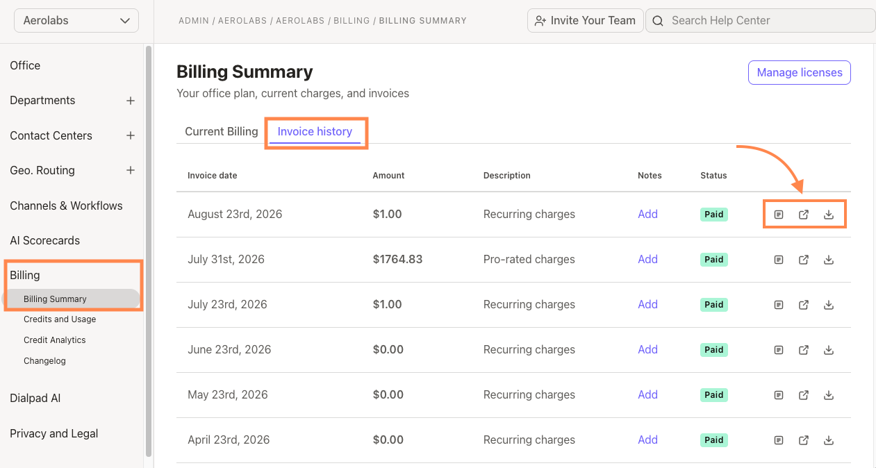 Billing summary showing invoice history, amounts, and payment statuses for various dates.