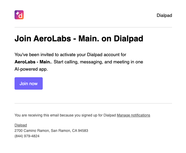 Dialpad invitation email