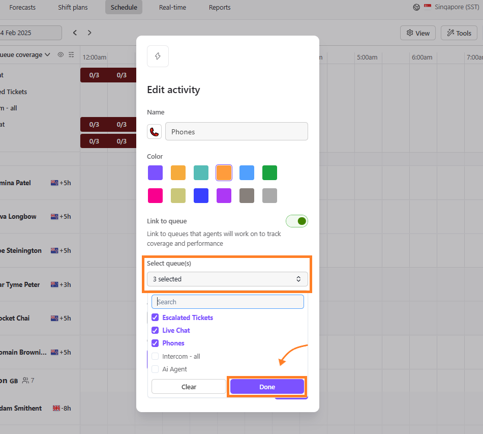 Editing activity settings for phone queues in a scheduling application interface.