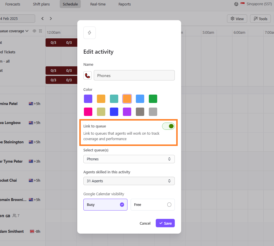 Editing activity settings with options for linking queues and agent visibility.