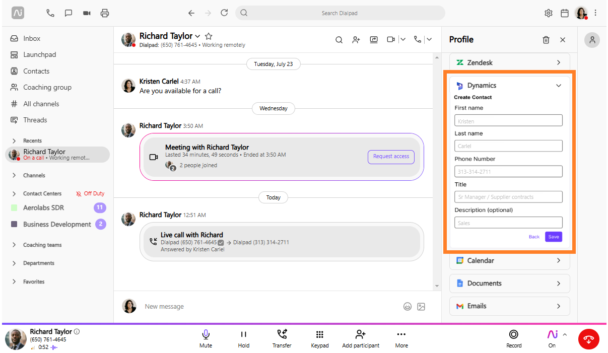 Chat interface showing a meeting with Richard Taylor and contact creation details.