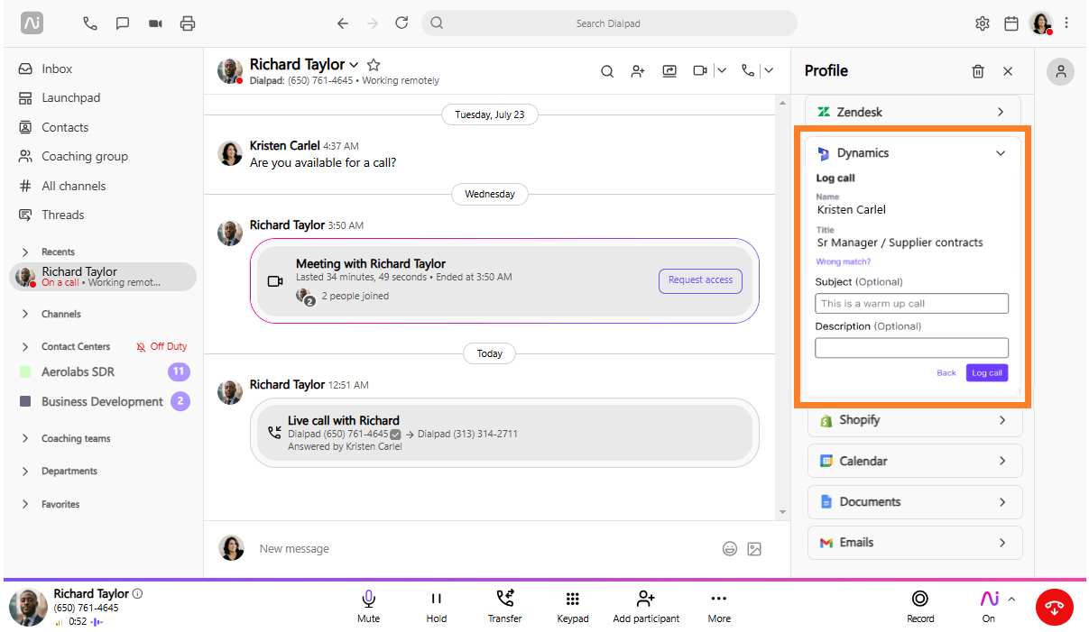 Chat interface showing call logs and meeting details for Richard Taylor and Kristen Carlel.