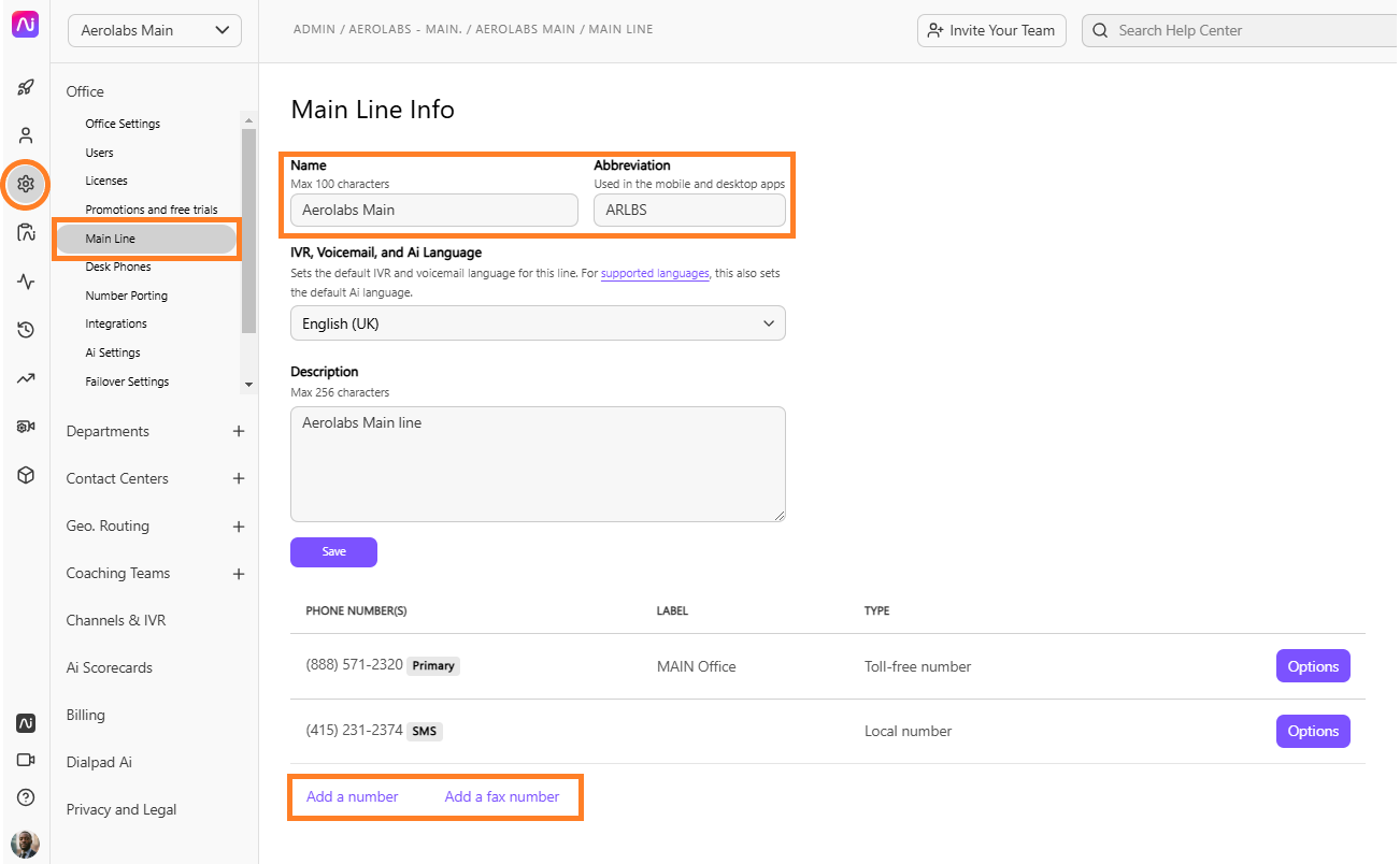 Settings page showing main line info, phone numbers, and options to add numbers.