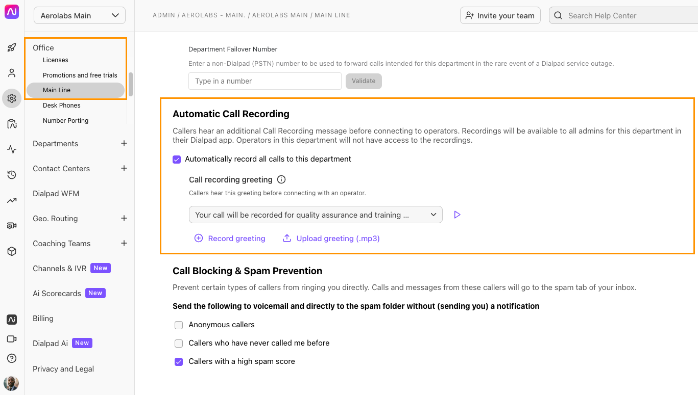 Settings for automatic call recording and spam prevention in Dialpad application interface.