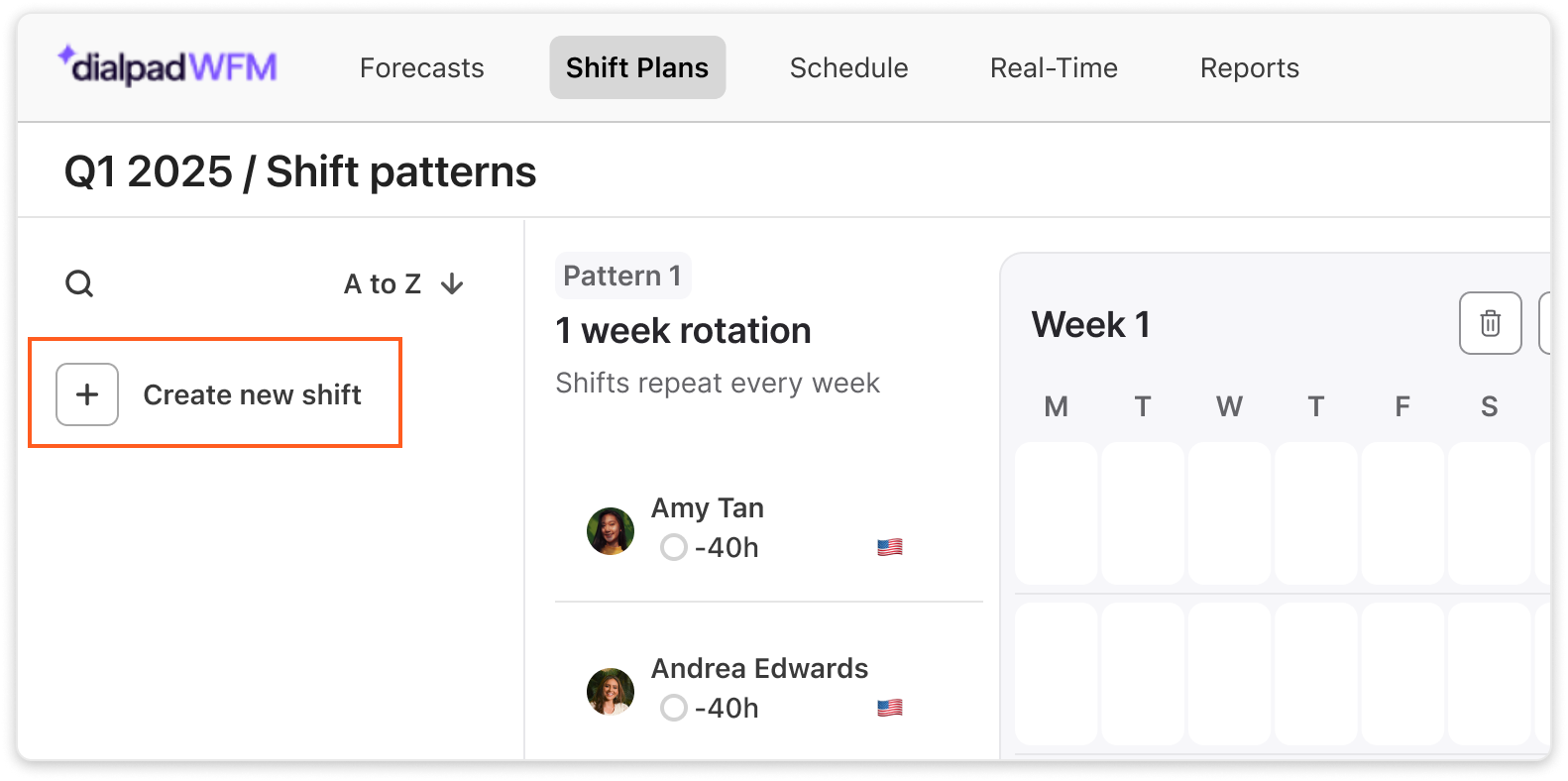 Interface showing shift plans for Q1 2025 with options to create new shifts.