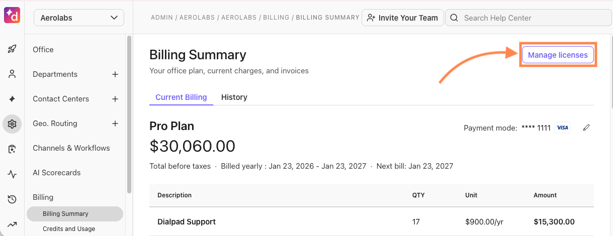 Billing summary showing total charges and option to manage licenses