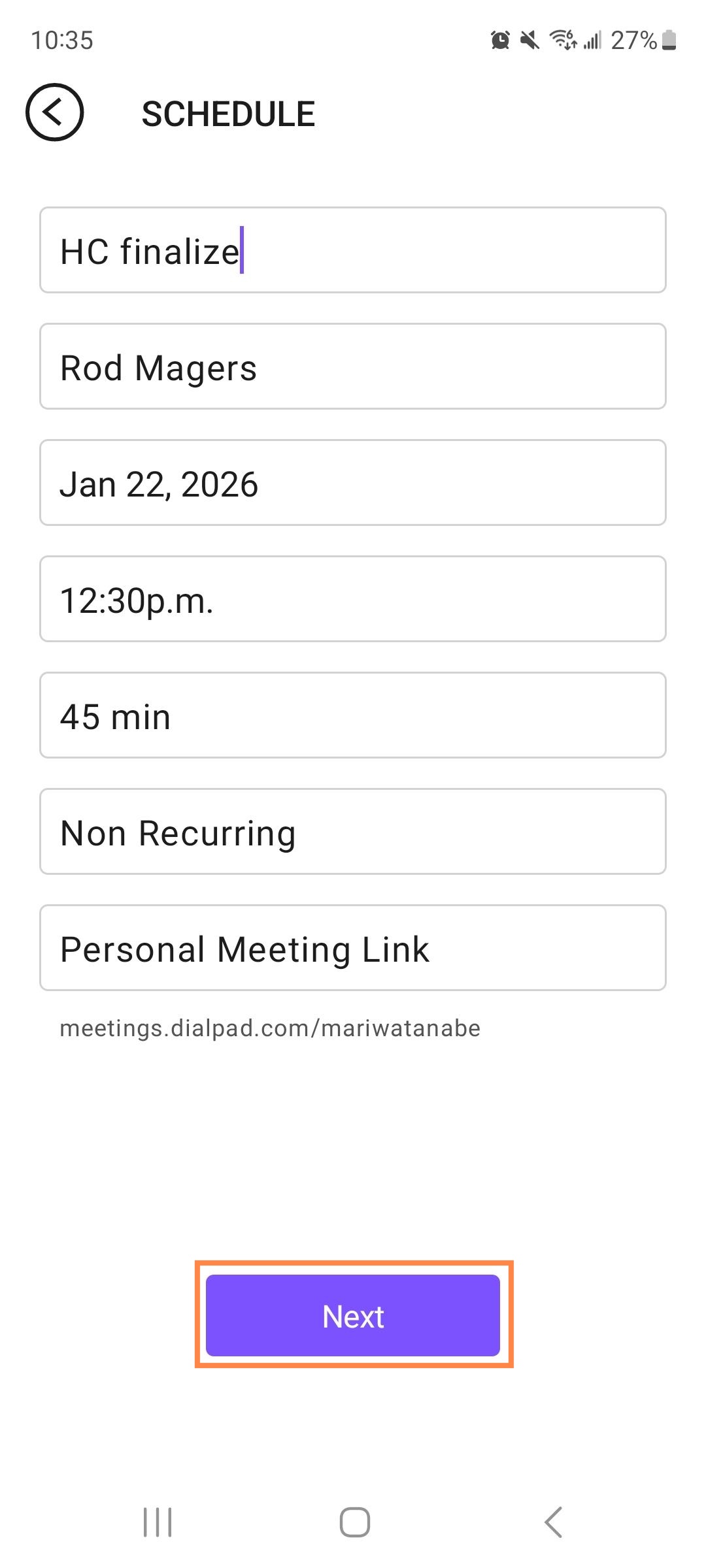Scheduling a meeting in Dialpad Meetings for Android