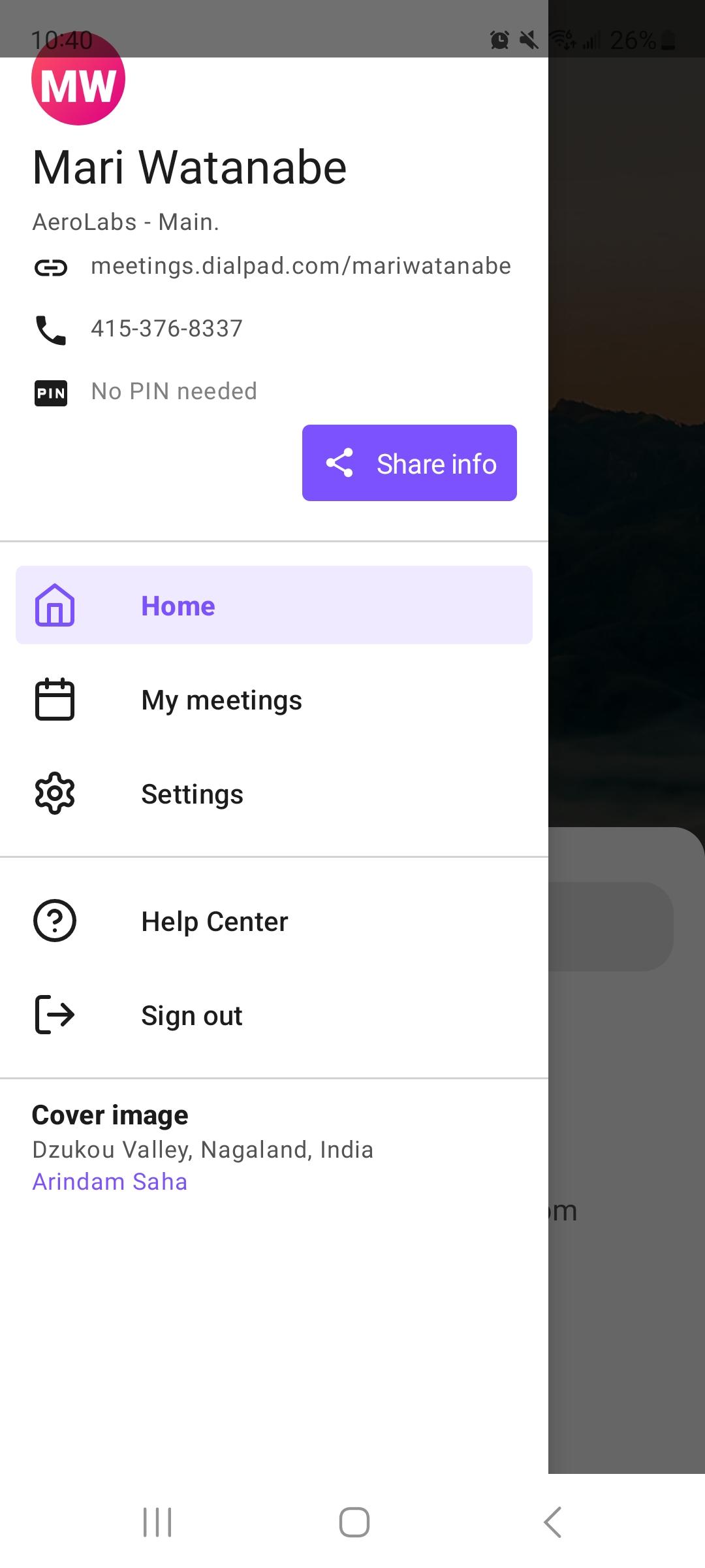 Slide-out menu in Dialpad Meetings for Android