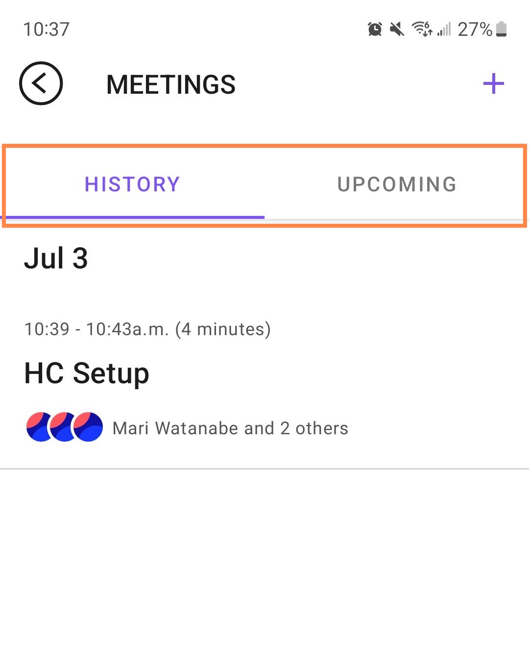 History and Upcoming tabs in Dialpad Meetings for Android