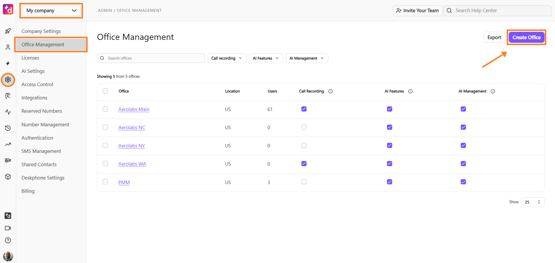 Office management interface displaying office details and options to create a new office.