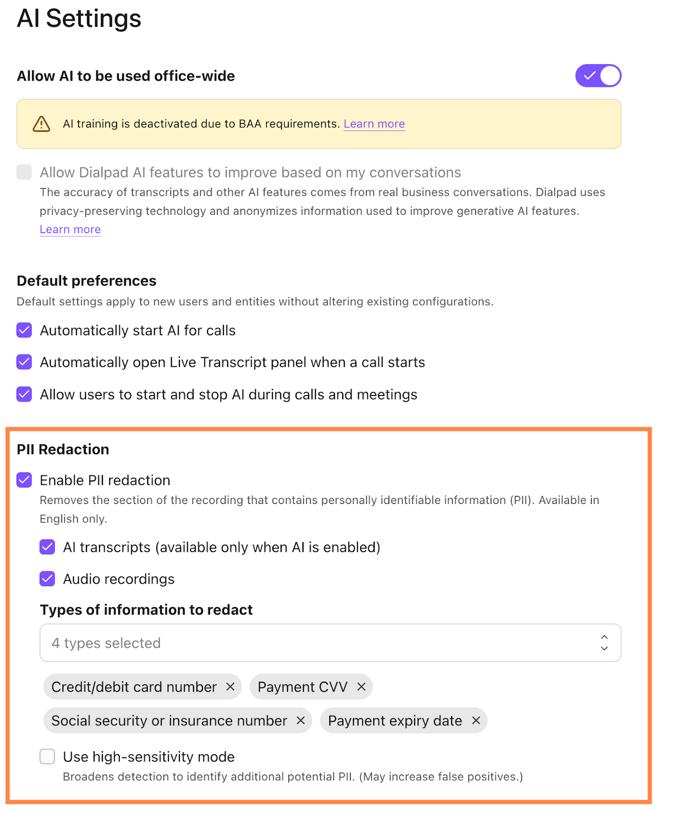 PII redaction settings in AI settings