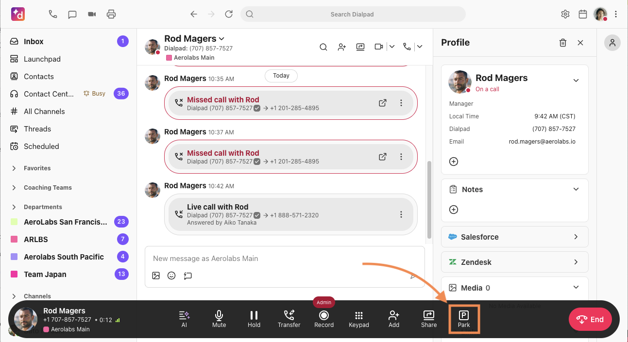 Park a call on the main line