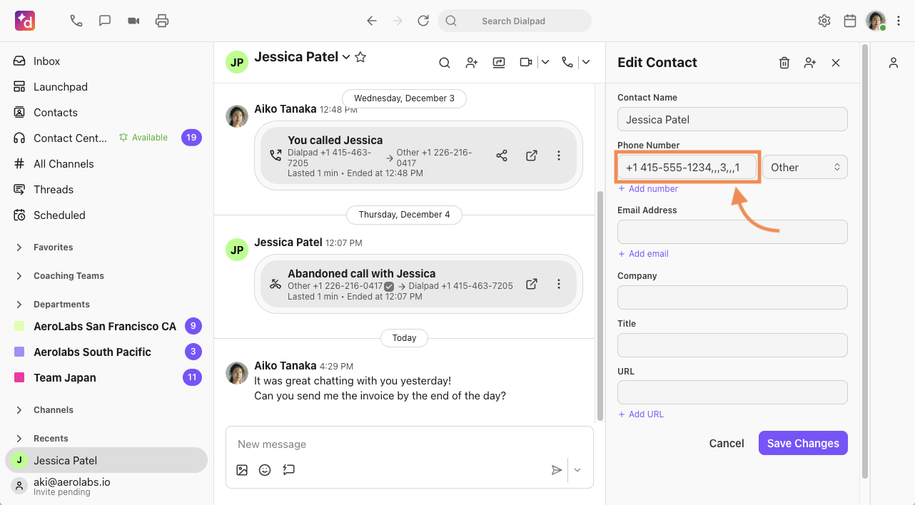 Edit phone number to automatically dial PIN codes