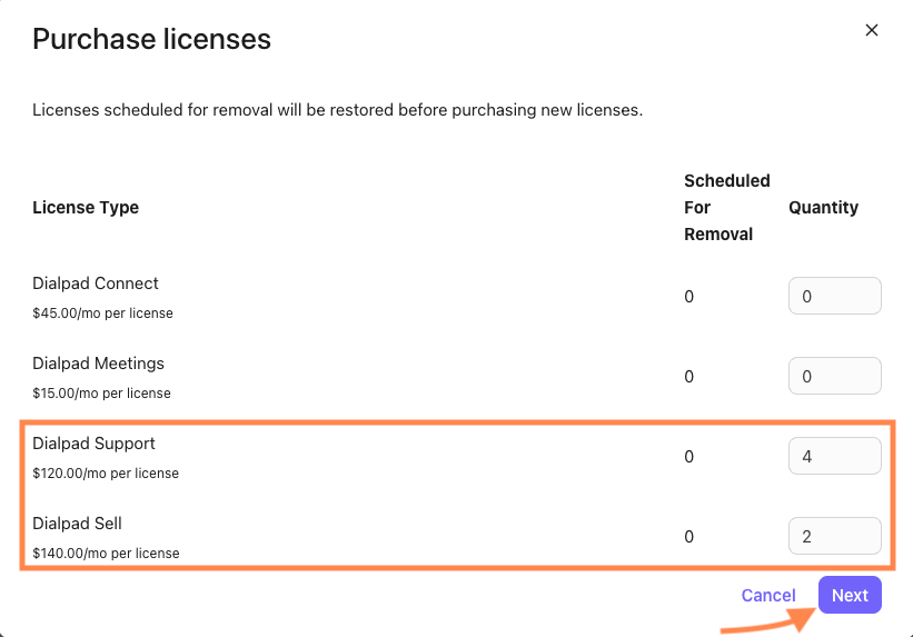 Dialpad license selection screen