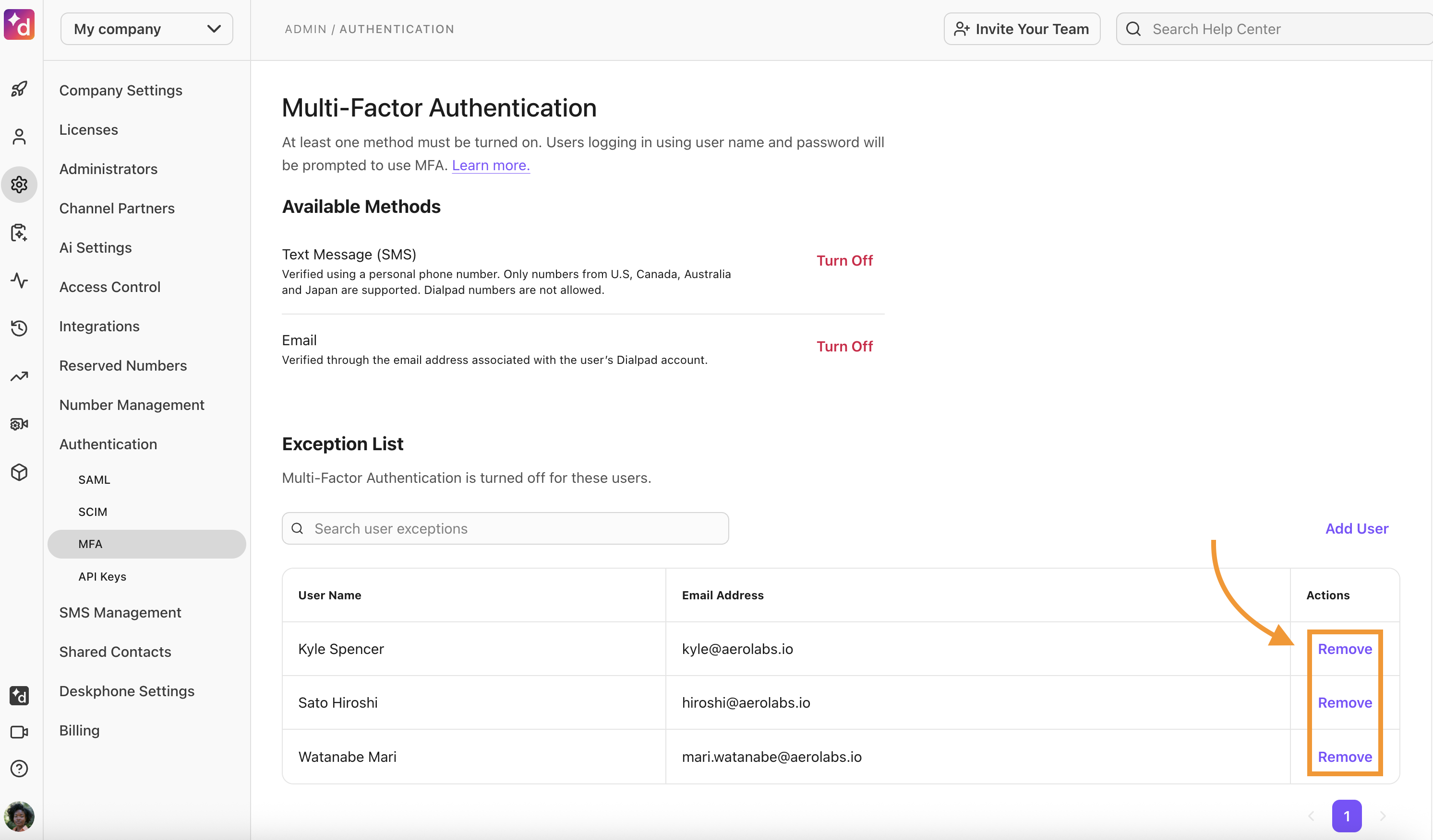 A View of the Exception List in the MFA Authentication settings. The option to remove a user from the Exception List is highlighted.