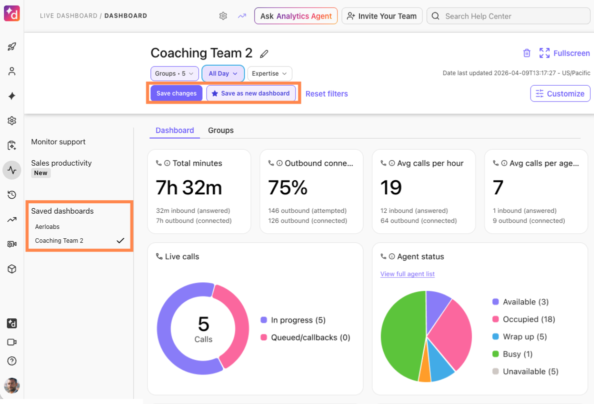Save changes to dashboard