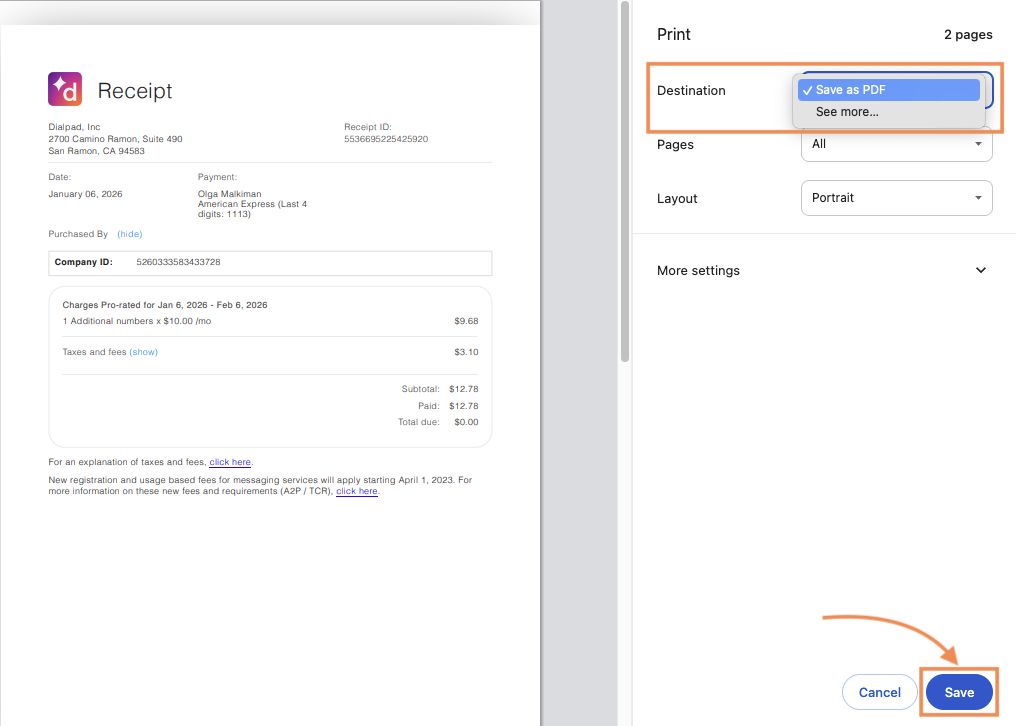 Print Dialpad receipt to PDF