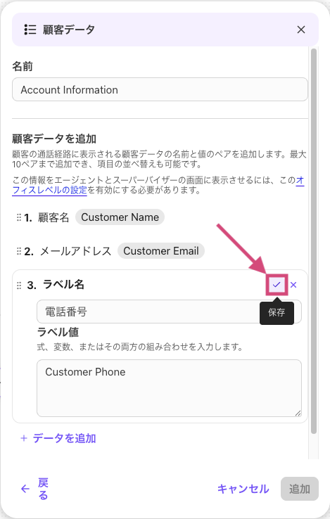 Saving data pairs in the Customer Data step