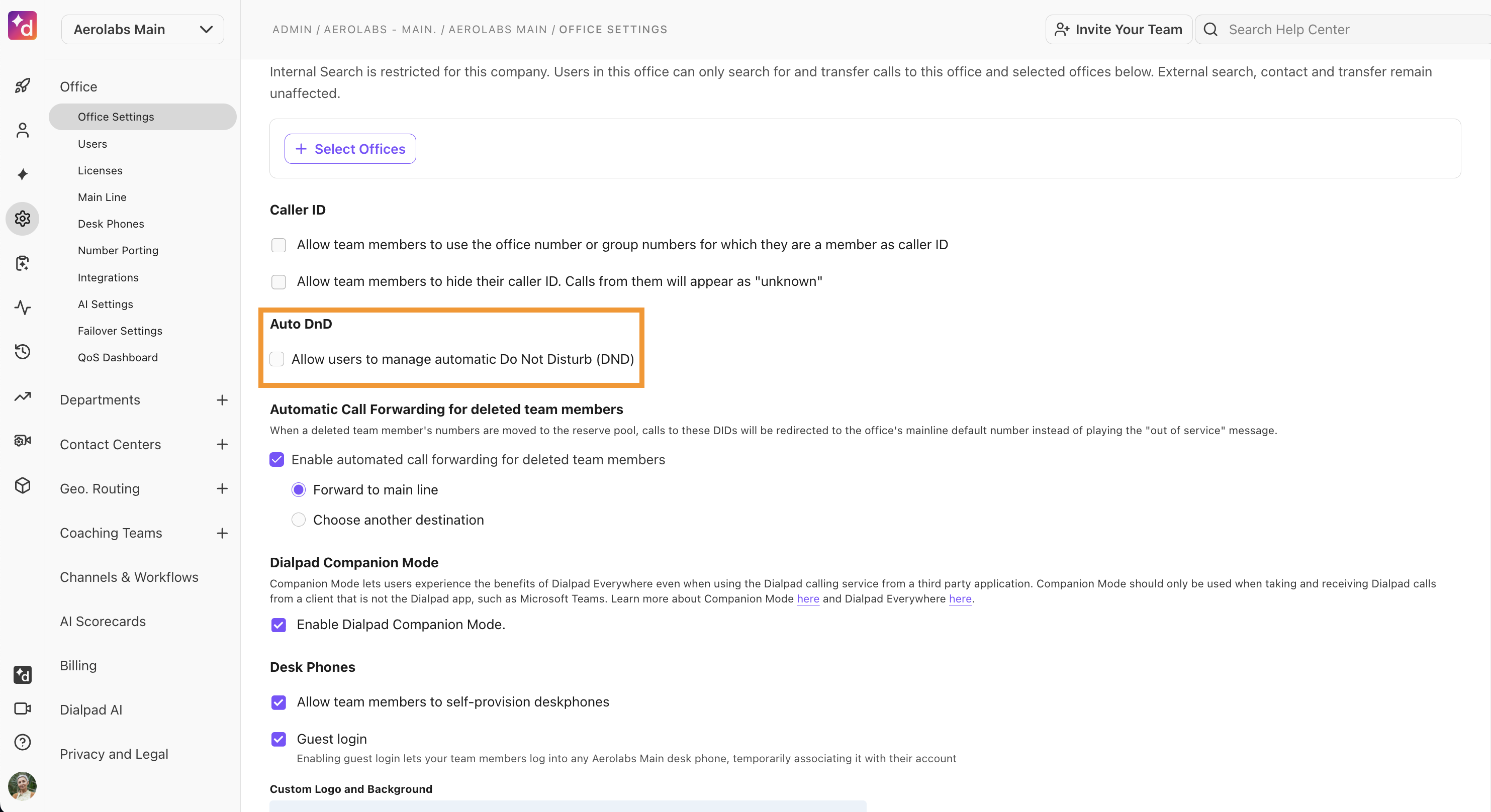 Auto DND settings in the Office-level settings.