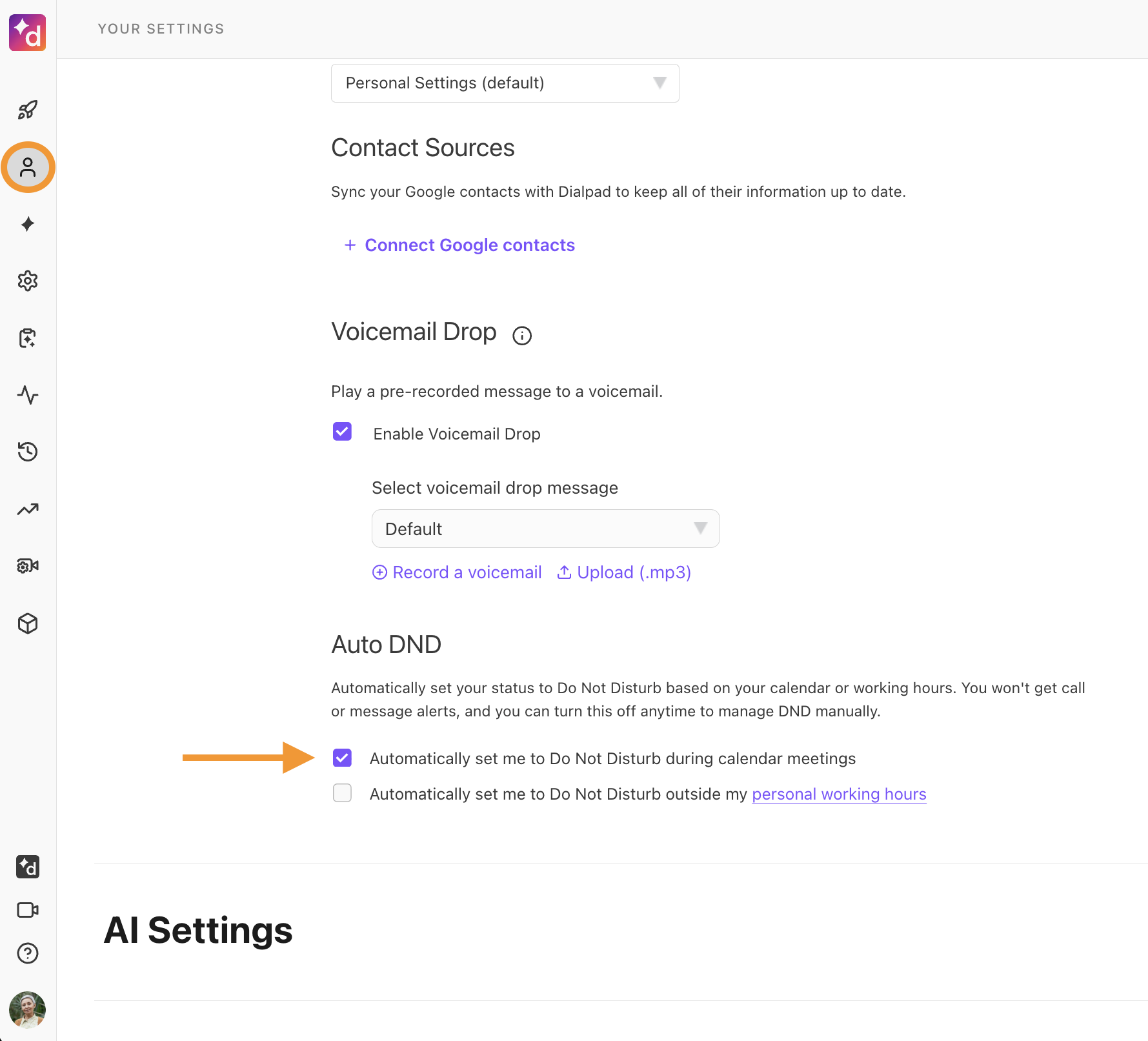 User-level Auto DND settings. Option for Auto DND during meetings is highlighted.