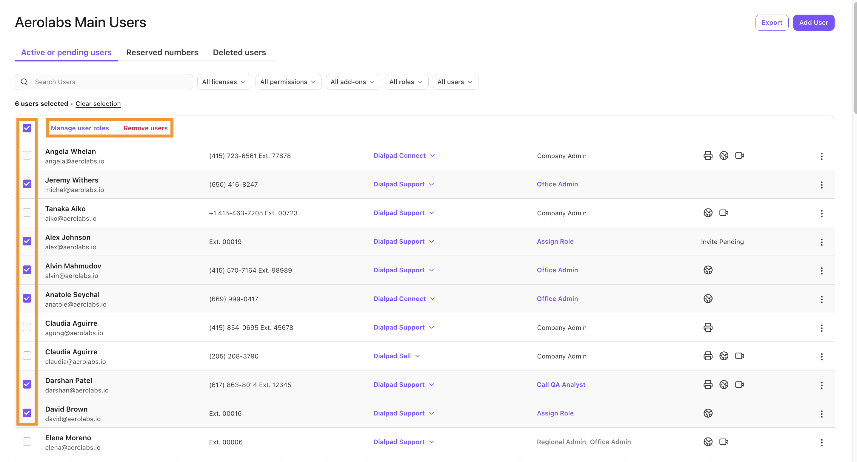 View of the Users page in Office Settings. The options to select users, manage their roles, and remove users are highlighted.