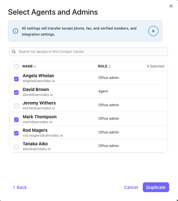 Select users and admins when duplicating a Contact Center