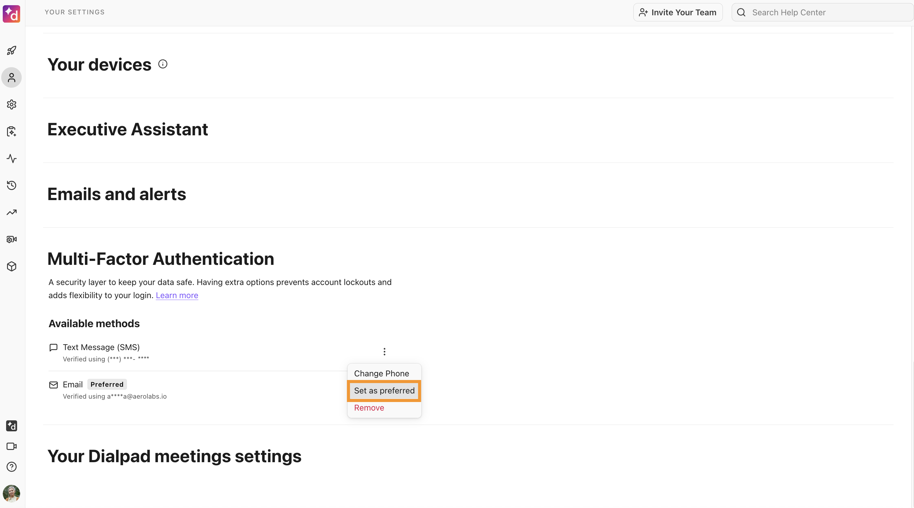 MFA methods for a user's account. The option to set SMS as the preferred MFA method is highlighted.