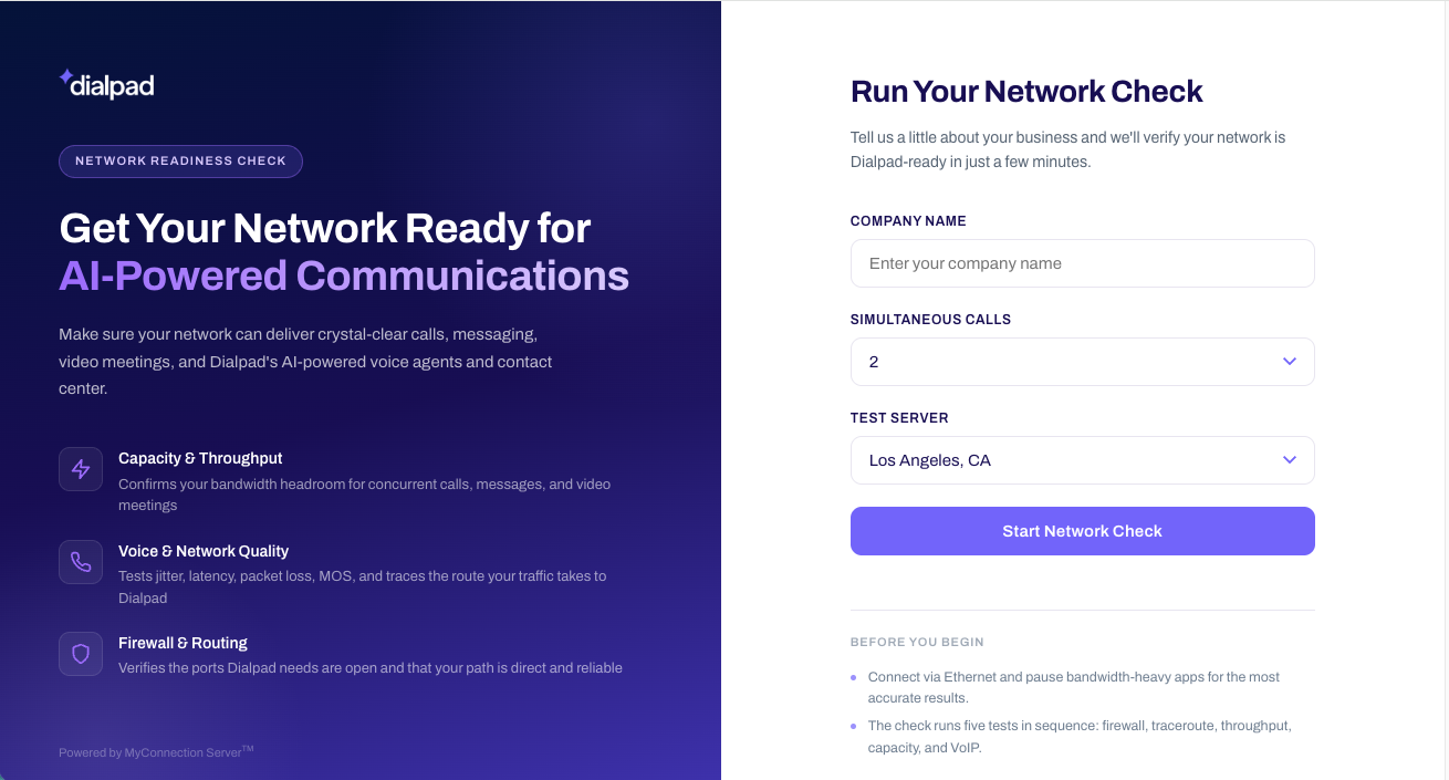 Dialpad's network readiness check for AI-powered communications and user input fields.