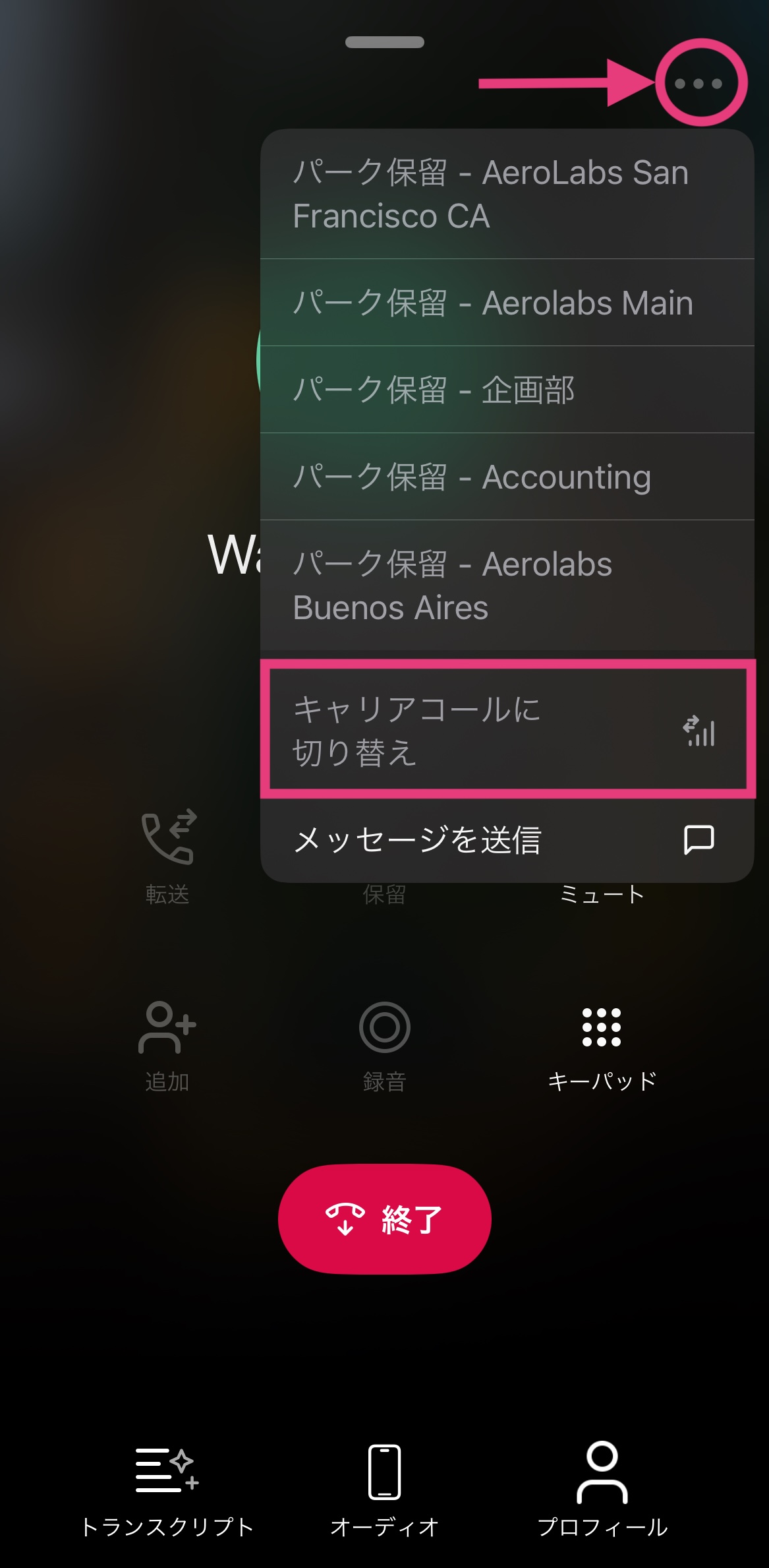 Menu displaying various options with a highlighted setting for switching carriers.