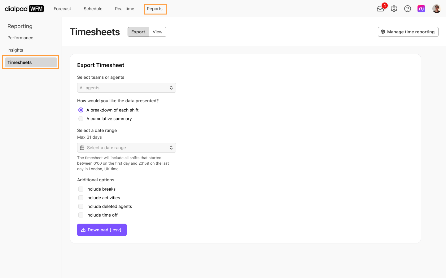 Export timesheet options including data presentation and additional settings for reporting.