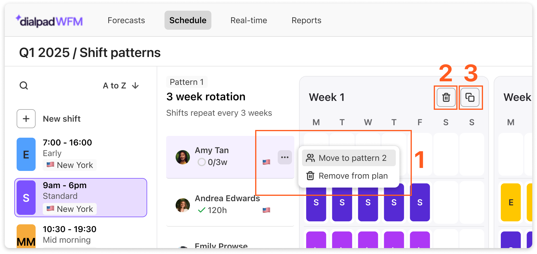Shift schedule for Q1 2025 showing employee patterns and options to modify shifts.
