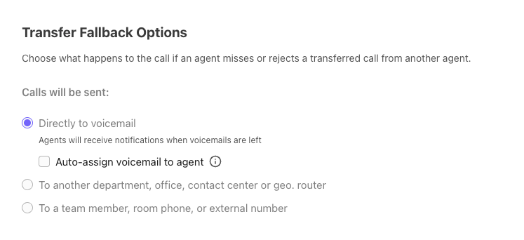 Options for handling missed or rejected calls by agents in a transfer system.