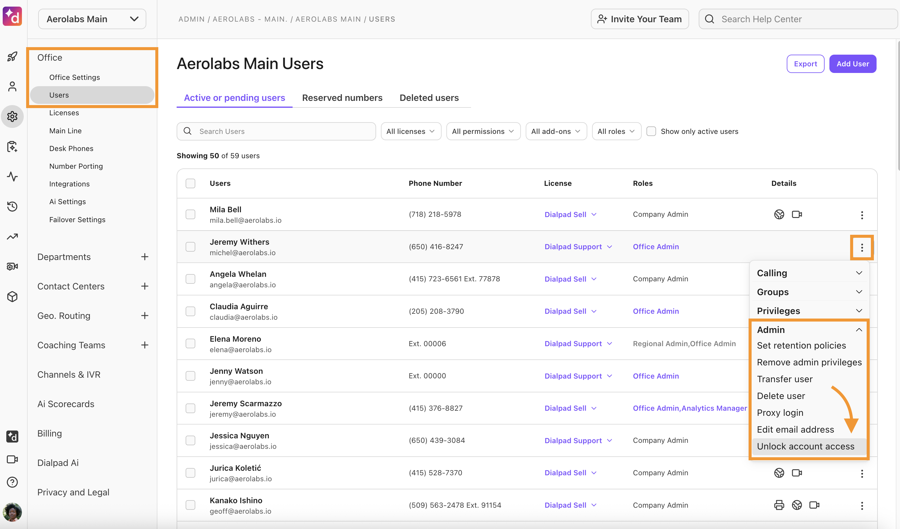 A list of users for an Office. The option to unlock a user account is highlighted.