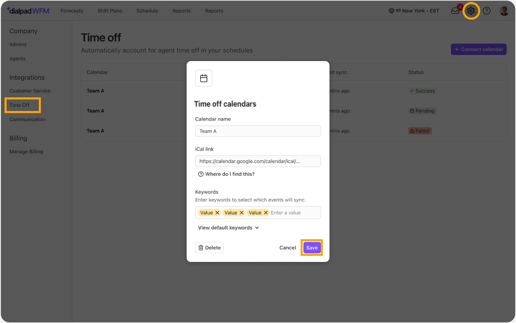 User interface for managing time off calendars with options to save and delete.