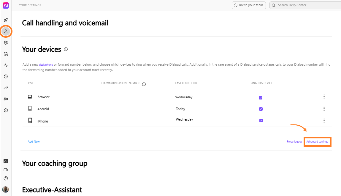 Settings page showing devices for call handling and voicemail with advanced settings option.