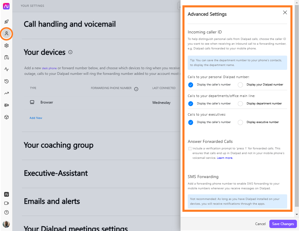 Settings for call handling, voicemail, and SMS forwarding in Dialpad application.