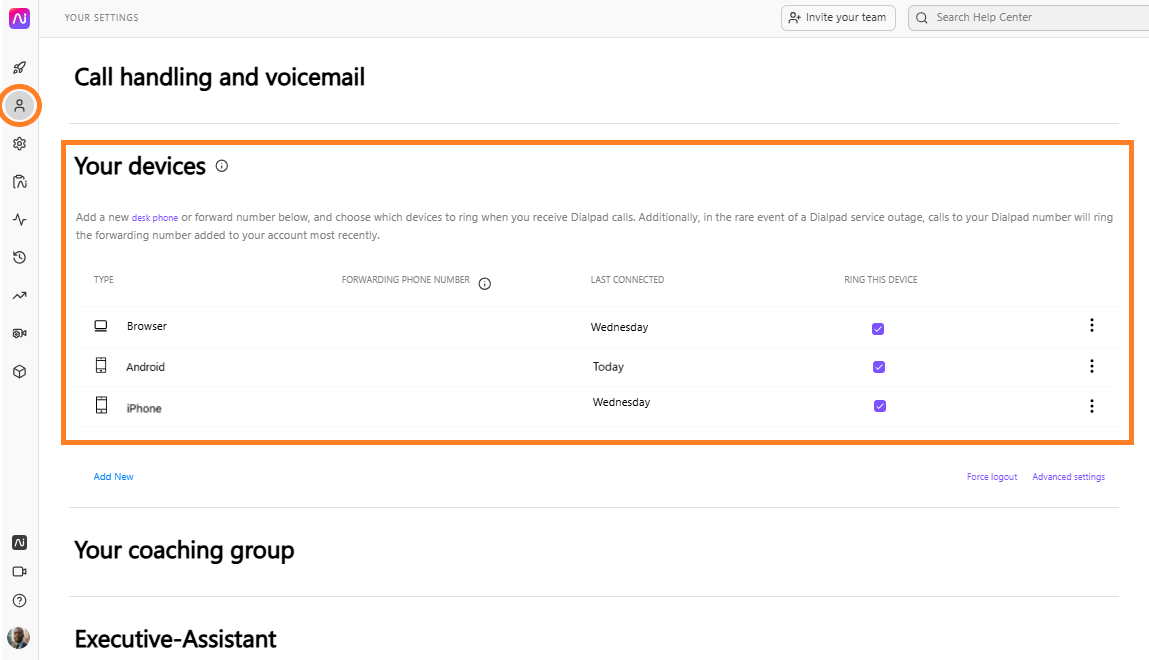 Settings page displaying connected devices for receiving calls in Dialpad application.