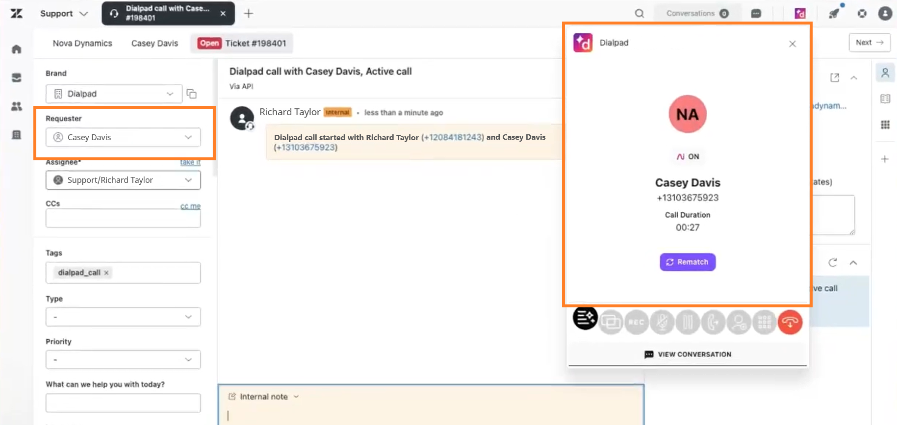 Active call interface showing details for Casey Davis and Richard Taylor's conversation.