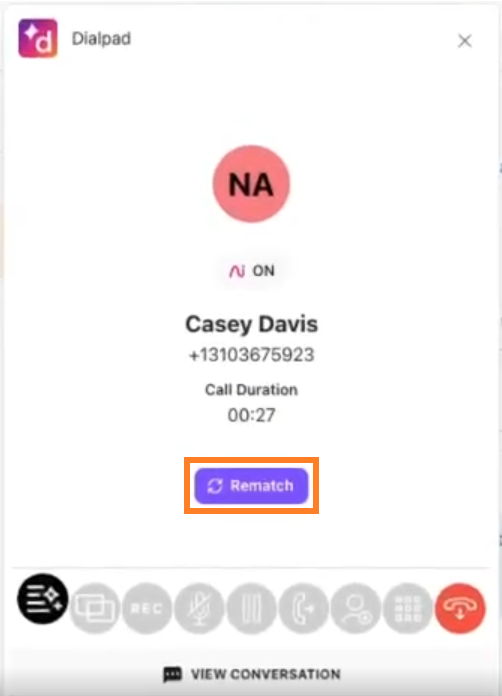 Dialpad interface showing call details and a rematch button for Casey Davis.