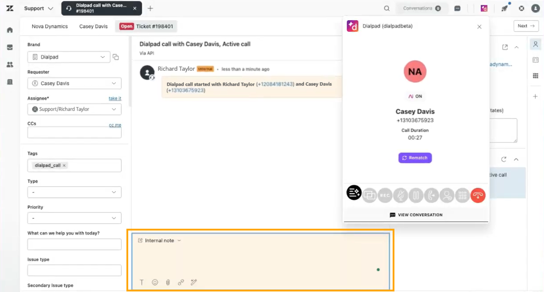 Active call interface showing details for Casey Davis and Richard Taylor's conversation.