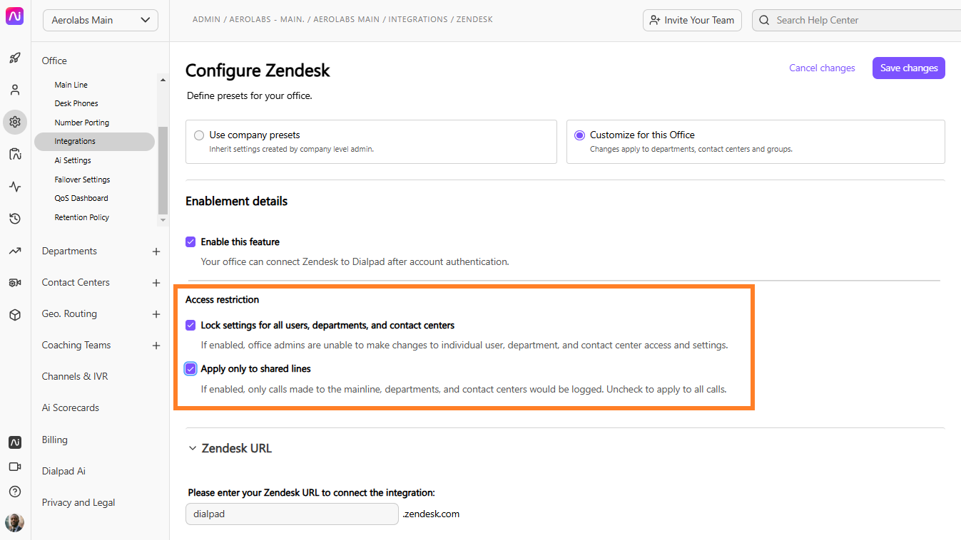 Settings for integrating Zendesk with Dialpad, including access restrictions and feature enablement.