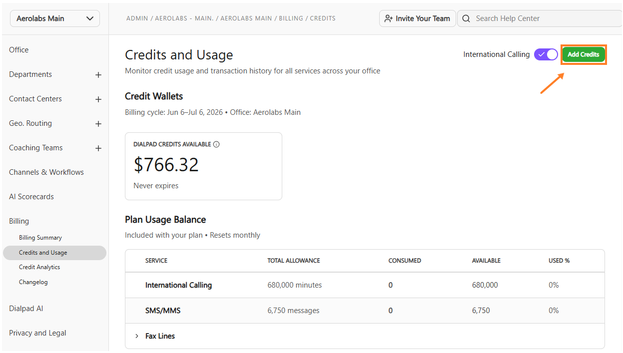Overview of credits and usage with an option to add credits highlighted.