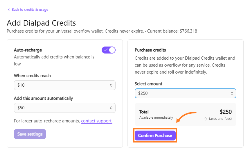 Add Dialpad credits with auto-recharge settings and confirm purchase button highlighted.