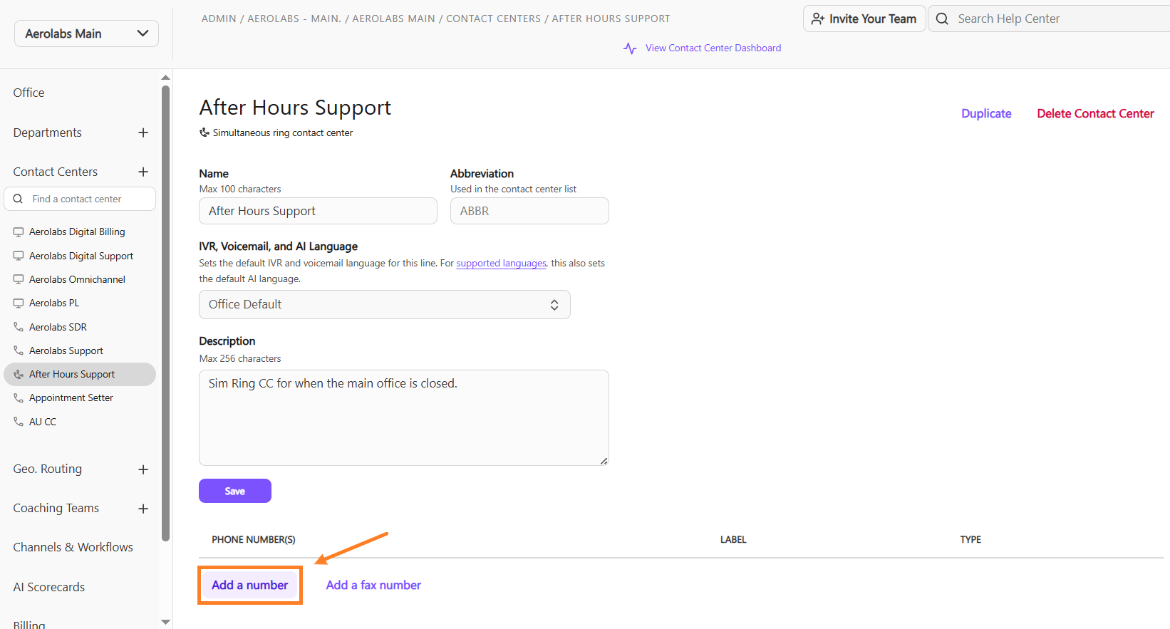 After Hours Support settings with options to add phone numbers and descriptions.