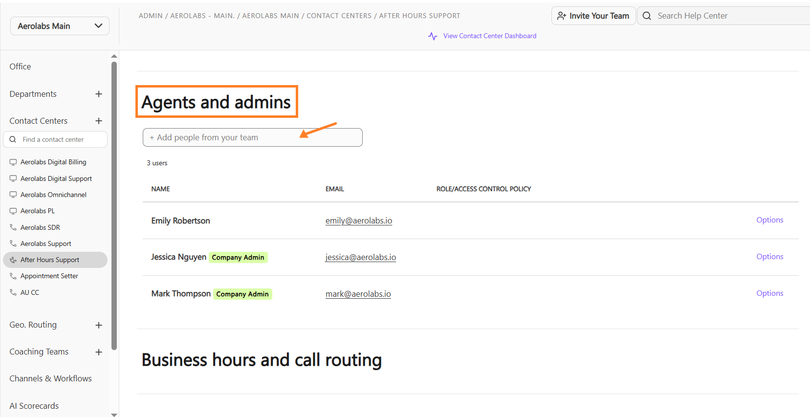 Overview of agents and admins with user roles and contact information displayed.