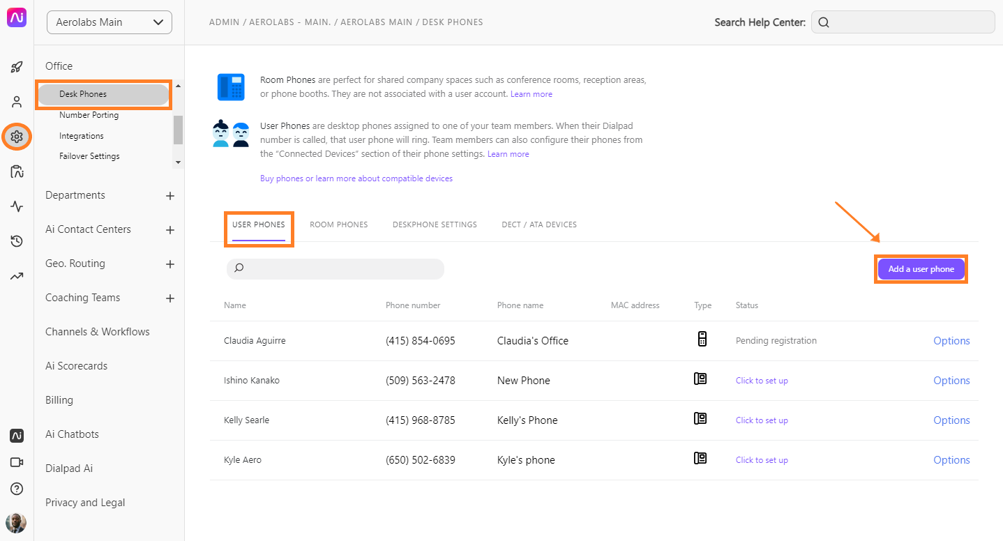 User Phones section with options to add and manage desk phones for team members.